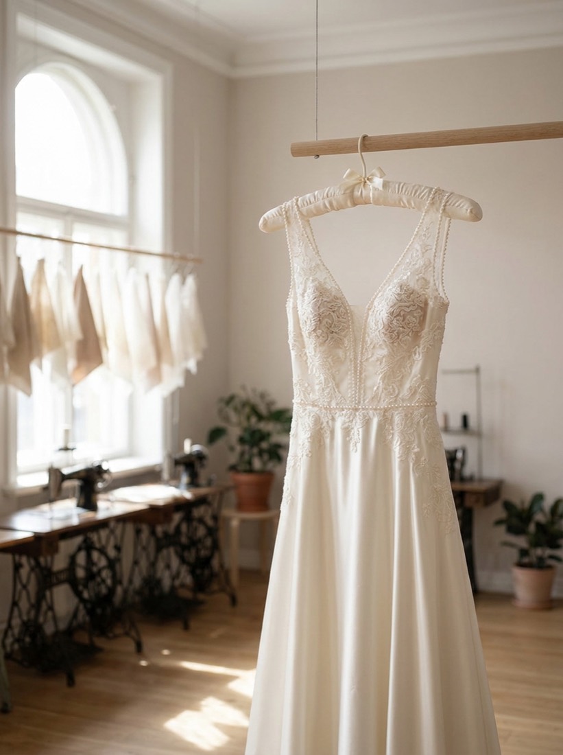 An ivory lace wedding gown on a padded hanger in a bright studio