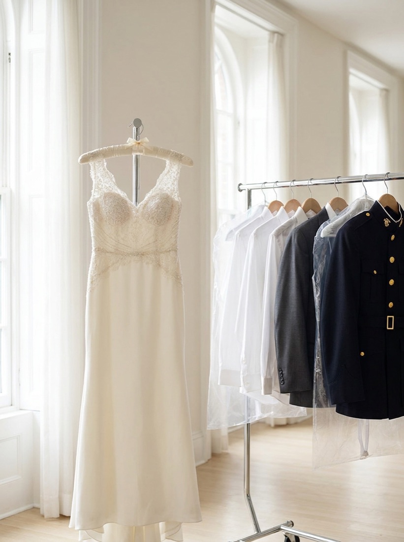 A garment rail in a bright studio holding a wedding gown, pressed shirts, a tailored suit and a military dress uniform