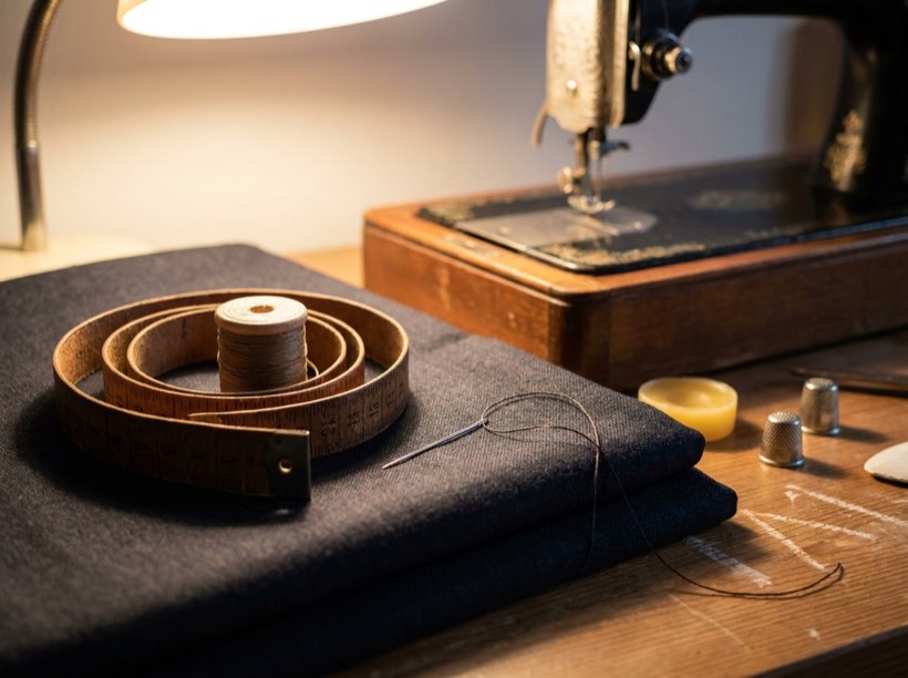 Needle, thread and a sewing machine in a tailor's workshop