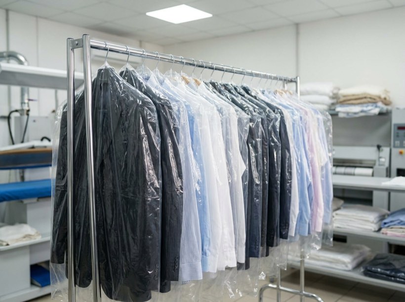 A rail of freshly pressed shirts and suits in a clean dry cleaners