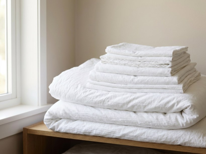 A neatly folded stack of fresh white laundered duvets and linen