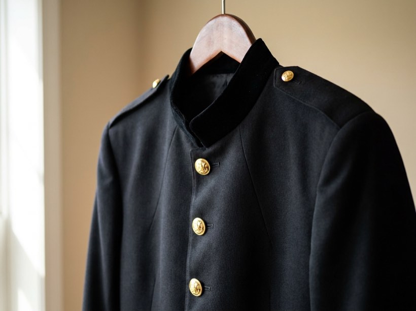 A crisp pressed navy dress uniform on a wooden hanger