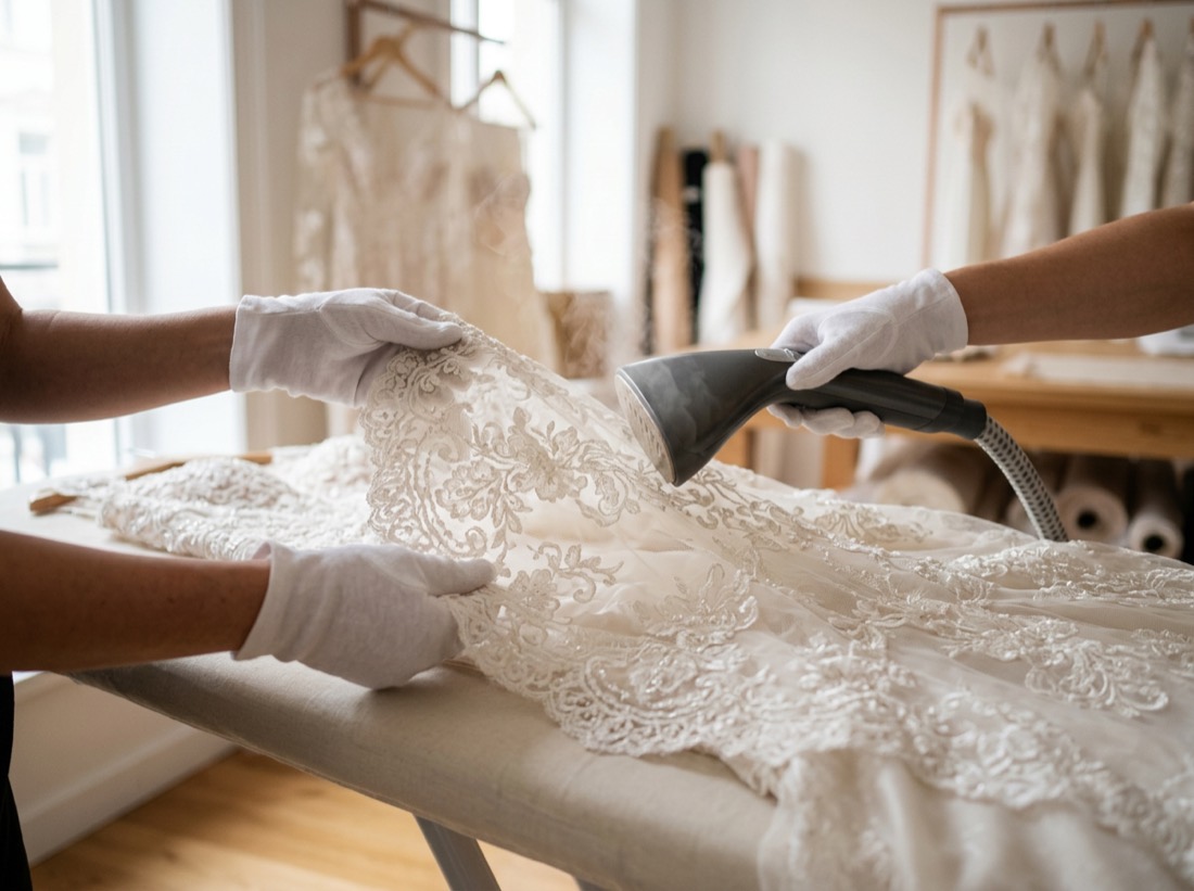 White-gloved hands gently steaming delicate lace on a wedding gown
